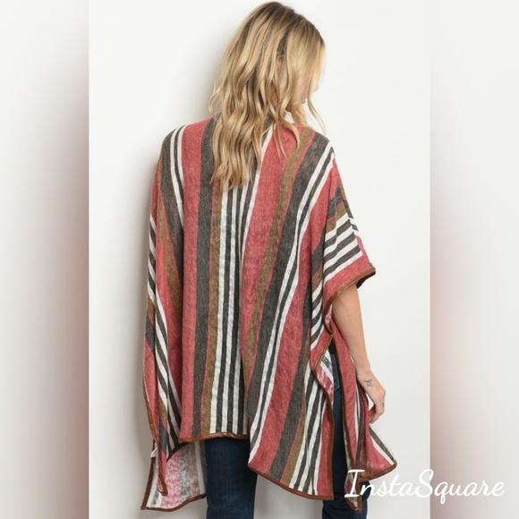 Short Kimono Sleeve Striped Slub Knit Kimono Cardi - Picture 2 of 2